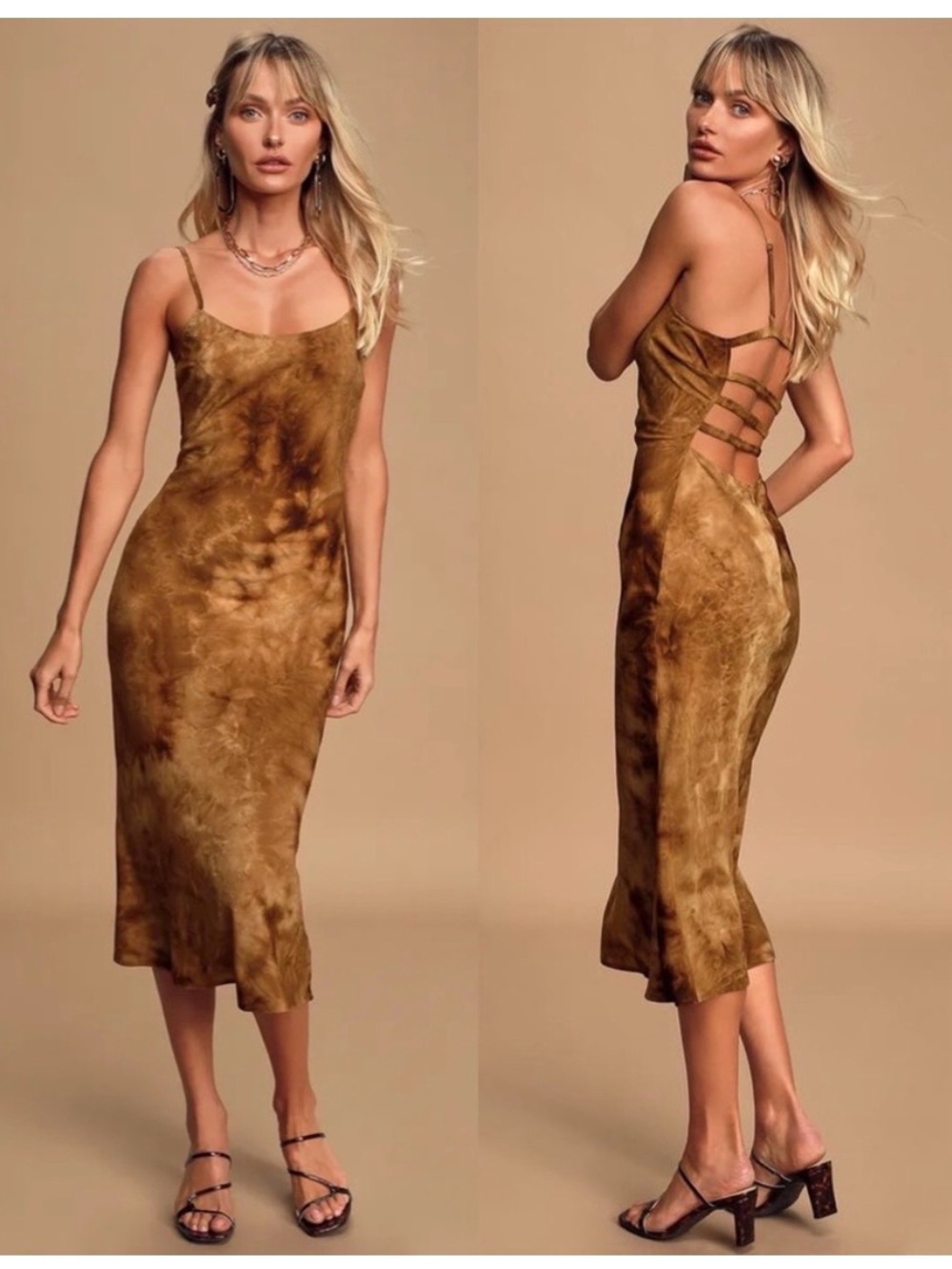 LULUS SECOND GLANCE BROWN TIE-DYE STRAPPY BACKLESS MIDI DIETY SLIP DRESS NEW XL
